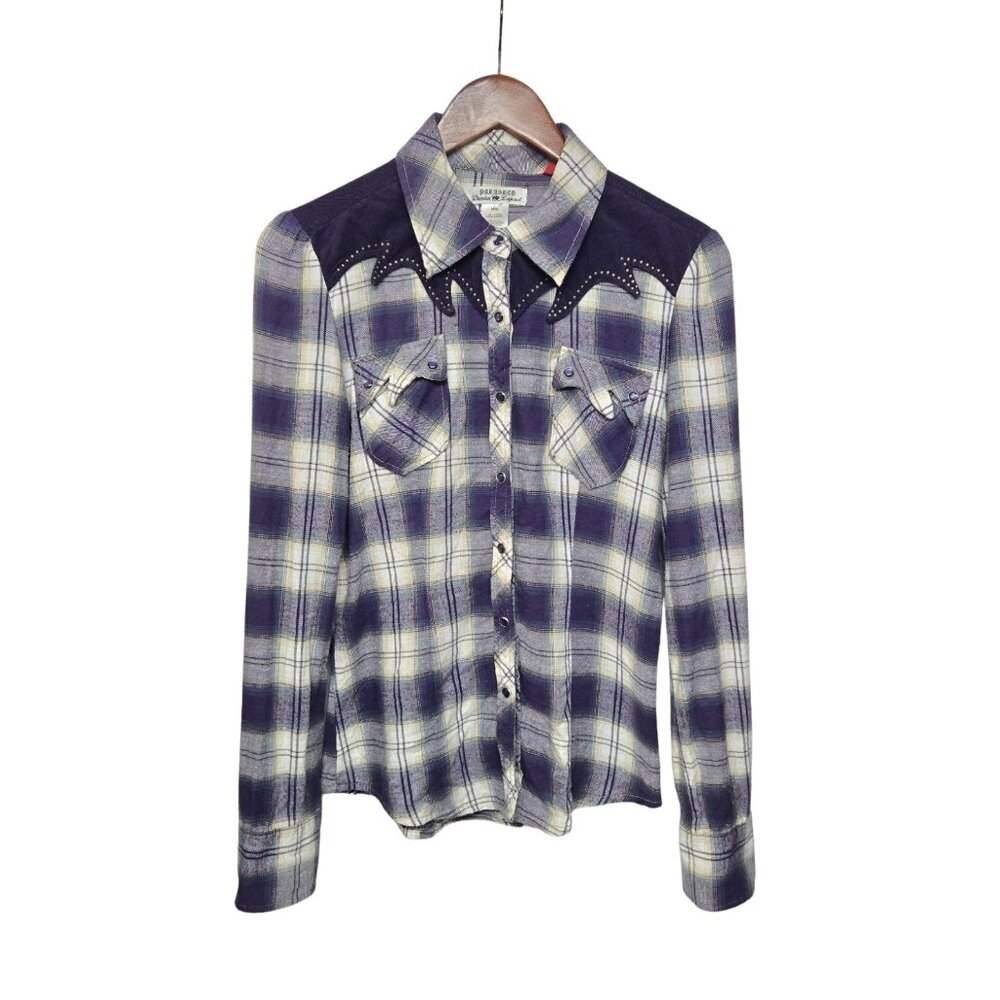 Vtg Y2K Parasuco Plaid Western Shirt Studded Yoke Purple Women’s M Rodeo Cowgirl